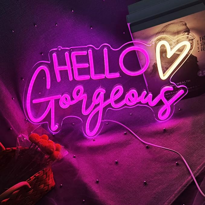 Hello Gorgeous Neon Sign Pink USB LED Neon Lights for Home Wedding Birthday Backdrop Bacelorette Party Decor Room with Dimmable Switch(5V,16.5X10.6inches)