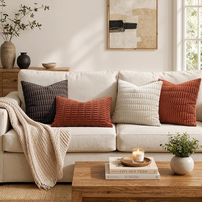 MIULEE Fall Pack of 2 Rust Corduroy Decorative Pillow Covers 20x20 Inch Soft Boho Striped Throw Pillow Covers Modern Farmhouse Home Decor for Sofa Living Room Couch Bed