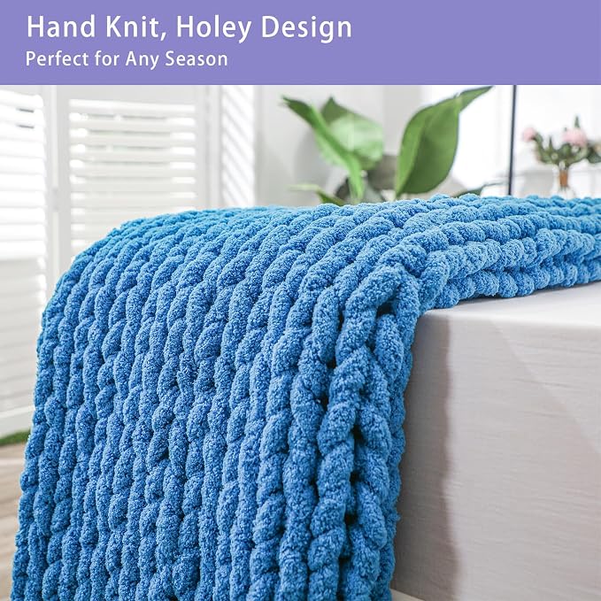 Bigacogo Chunky Knit Throw Blanket for Couch, 40x80 inches, Bright Blue | Hand Knit with Jumbo Chenille, Soft Breathable Cable Knit for Sofa Bed Living Room, Machine Washable, Gift for Mom Friend