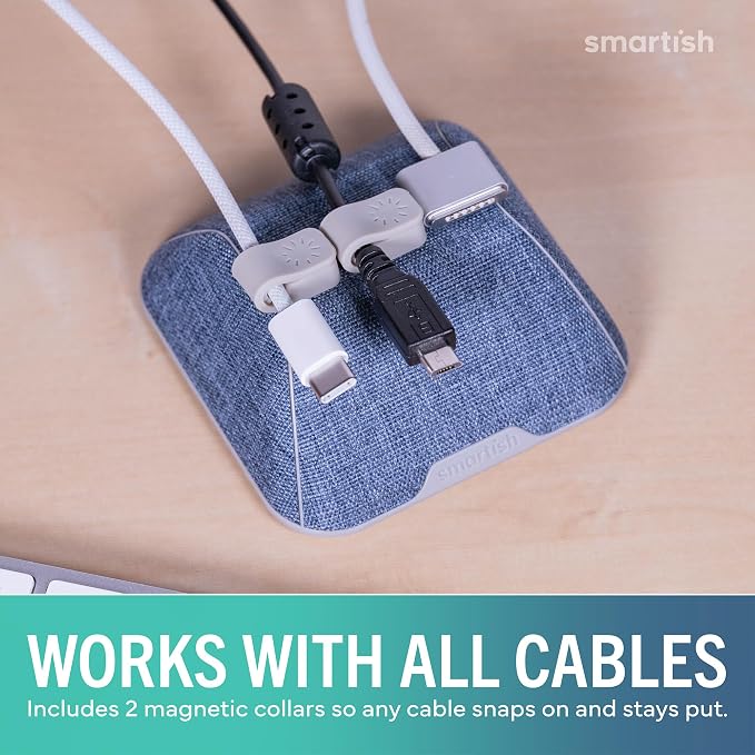 Smartish® Magnetic Cord Holder - Cable Wrangler Organizer with Magnet Clips for Charger Management on Desktop, Nightstand for USB-C + Lightning - Blue Jeanie