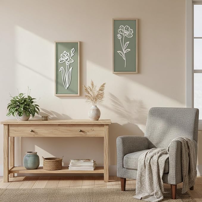 Sage Green Bathroom Wall Decor Set of 2, Framed 3D Wooden Floral Wall Art | Raised white floral cutouts in rectangular frames, ready to hang; rustic boho farmhouse decor for bedroom and hallway walls