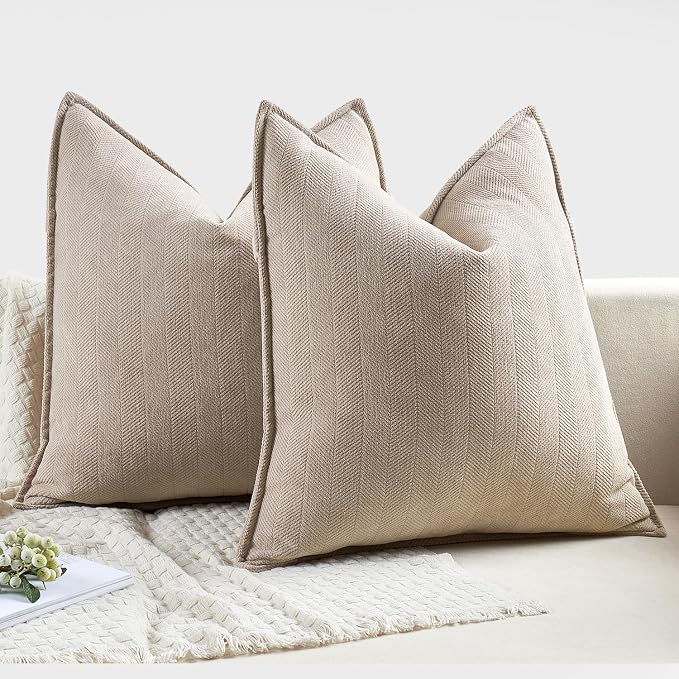 MIULEE Pack of 2 Beige Euro Shams Chenille Pillow Covers 22x22 Inch | Decorative Soft Couch Throw Pillows,Farmhouse Cushion Covers,Elegant Design for Sofa,Bed,Living Room,Summer Decor