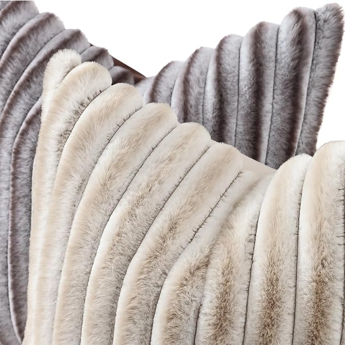decorUhome Fall Faux Fur Throw Pillow Covers 26x26 Set of 2 Brown White | Decorative Soft Cozy Striped Plush Modern Farmhouse Boho Couch Pillow Cases Velvet Back for Sofa Bed Living Room Home Decor