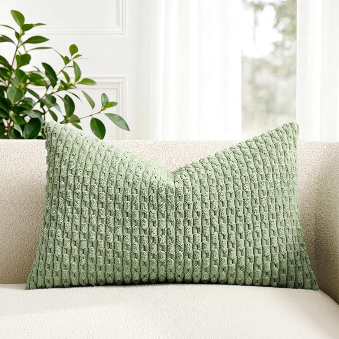 Kevin Textile Soft Corduroy 16"x26" Lumbar Pillow Cover 1 Pack, Sage Green | Boho Stripe Plush Corduroy Decorative Oblong Cushion Cover Modern Farmhouse Home Decor for Sofa Couch Bed Chair