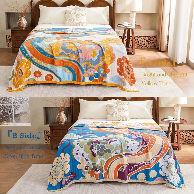 XIBLC Boho Throw Blanket, Lightweight Blankets for Summer, 100% Cotton Bohemian Decorative Throw Blanket, 50"x60" Reversible Muslin Breathable Woven Farmhouse Blankets Quilt,
