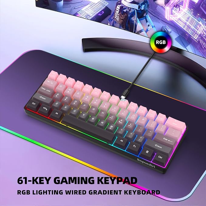 Snpurdiri 60% Wired Gaming Keyboard, Pink-Black | 61 Keys, RGB Backlit Ultra-Compact Small Gaming Keyboard for PC/Mac Gamer, Typist, Travel, Easy to Carry on Business Trip