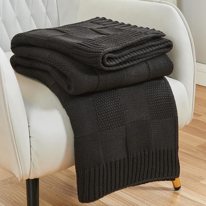 CozeCube Jet Black Knitted Checkered Throw Blanket 50"X60" | Check Knit Throw for Couch, Decorative Christmas Soft Cozy Warm Blanket for Bed Sofa Living Room