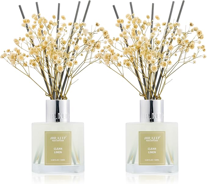 Airkeep Reed Diffuser 3.38 oz (100ml) 2pk, Clean Linen Scented Reed Diffuser Set,Reed Diffuser & Oil Diffuser Sticks, Aromatherapy, Airkeep Reed Diffuser Set Box 2-Clean Linen