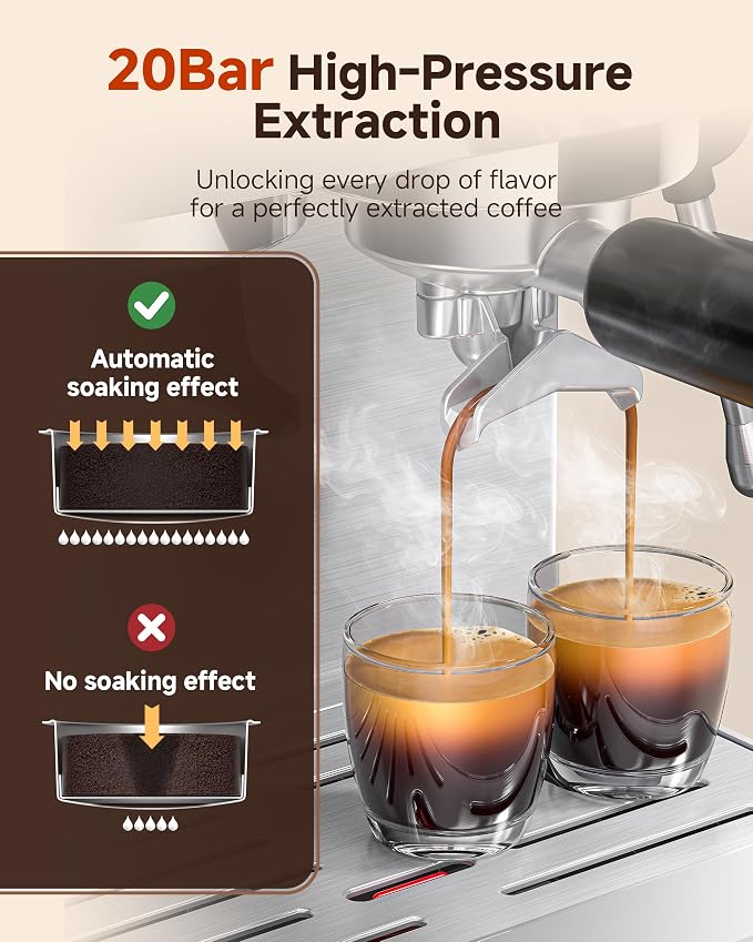 AMZCHEF Espresso Machine With Grinder, Temp Control, 44 Grind Settings | Hot & Cold Brew, Cappuccinos & Lattes, Built-in Grinder, Milk Frother, Touch Screen, Easy to Clean, Compact Design, Silver