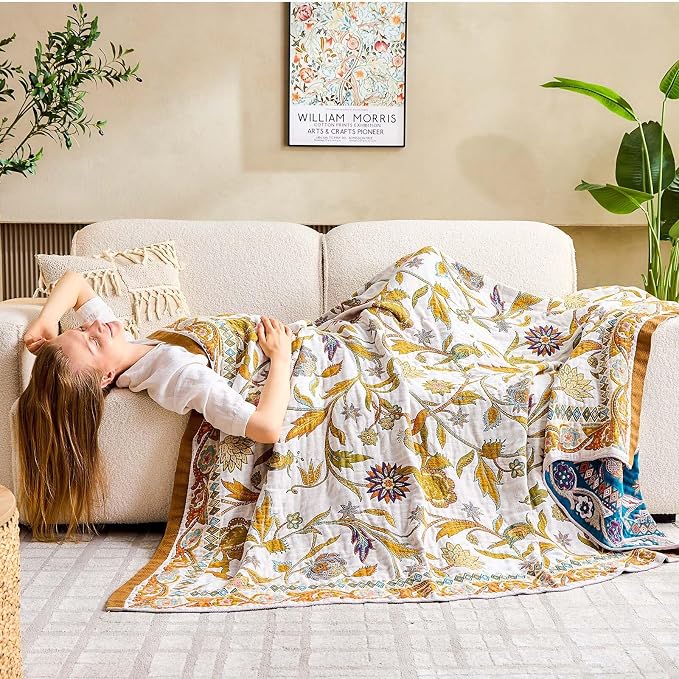 XIBLC Fall Throw Blanket for Couch, Brown Boho Decorative Throw Blanket, 100% Cotton Muslin Breathable Woven Farmhouse Blankets Quilt, 90"x98" Reversible Lightweight Blankets Bohemian Throw Quilt