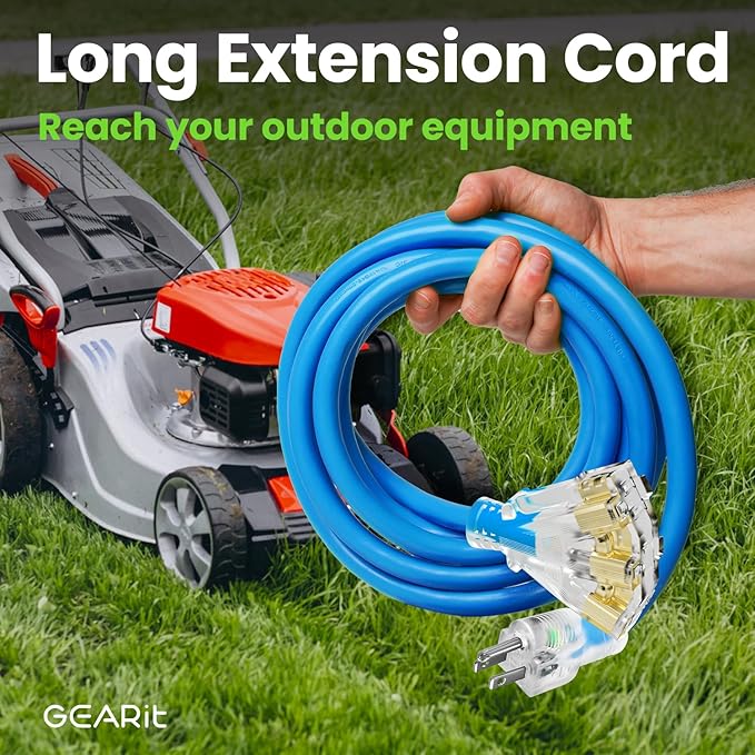 GEARit 100 Ft Extension Cords 12/3 Gauge Outdoor/Indoor Triple Outlet SJEOW 12 AWG 3 Prong Heavy Duty Power Cable 15A 125V 1875W for Lawn, Garden, Appliances Blue