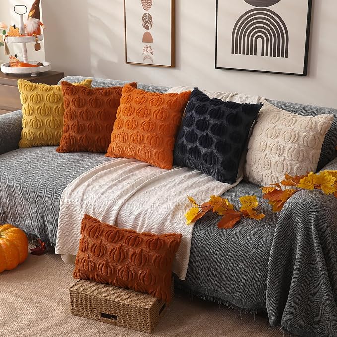 DFXSZ Fall Pillow Covers 16x16 2Pcs Navy Blue Pumpkin Fall Decorations | Fall decor Set of 2 Throw Pillow Cases Soft Plush Faux Fur Wool Couch Cushion for Chair Sofa Bedroom Living Room Home Decor
