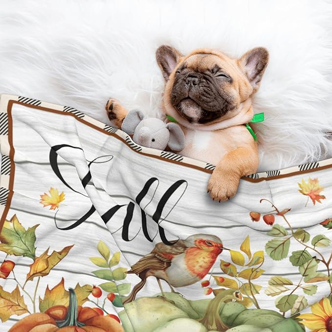 Fall Blanket for Pet - Wood Throw Blanket 40x30 Pumpkin Birds Sunflowers Couch Blankets for Puppy Dogs Cats