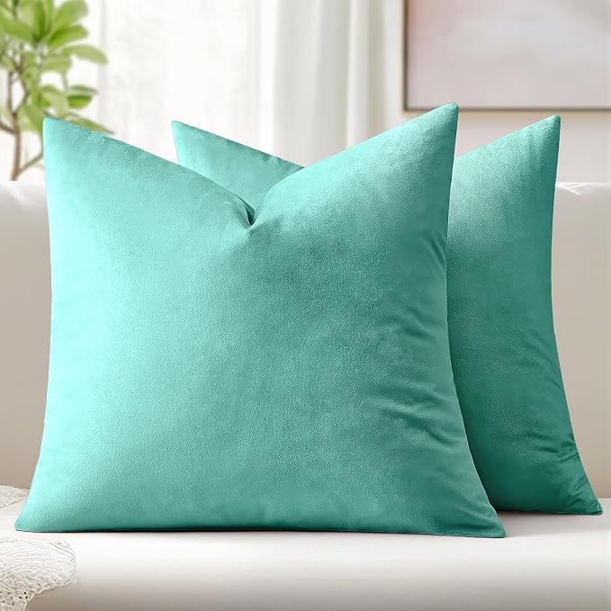 MIULEE Velvet Throw Pillow Covers 22x22 Inch Pack of 2 Aqua Green | Soft Solid Decorative Pillow Covers, Modern Luxury Home Decor, for Couch Chair Sofa Bedroom Livingroom