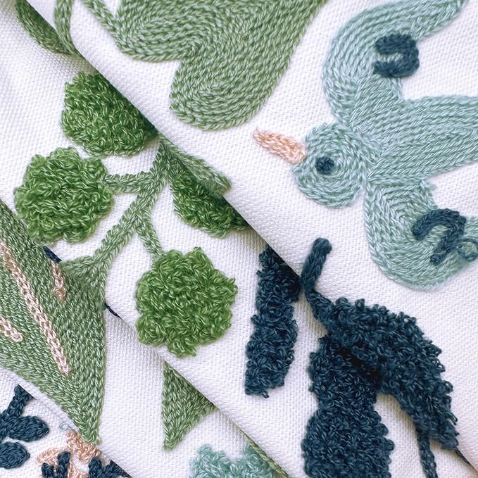 Alysheer Summer Floral Embroidered Decorative Throw Pillow Covers 18"x 18" Set of 2, Farmhouse Navy Blue Flowers Green Leaves Tufted Patterned Cotton Cushion Cases for Couch Bed Living Room Decor