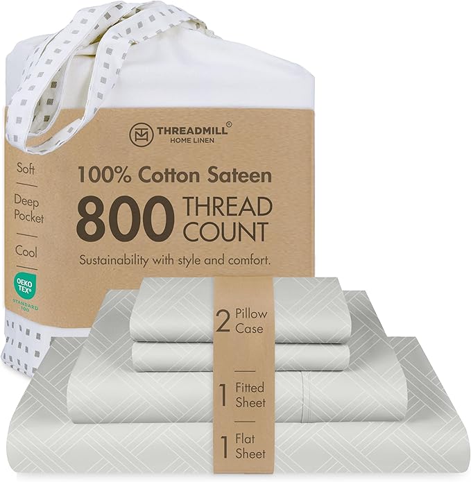 Threadmill Luxury Full Size Sheets for Full Size Mattress | 800 Thread Count Cotton Sheets | Jacquard Celine Light Grey | Better Than Egyptian Cotton| 4 Pc Bed Sheets | with Elasticized Deep Pocket