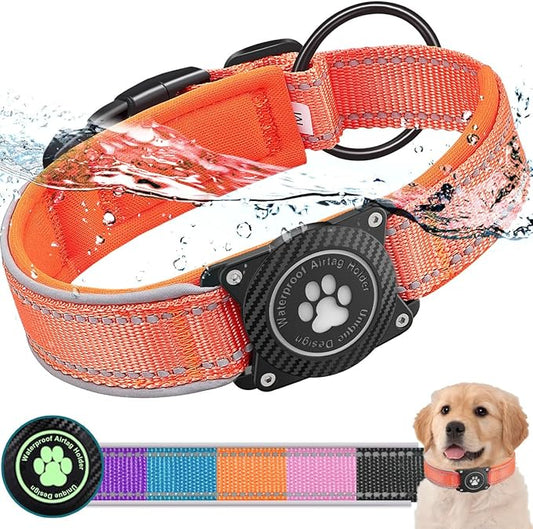 Airtag Dog Collar with Waterproof Air Tag Holder, Luminous Reflective, Soft Padded, Adjustable Nylon Pet Collar for Small Medium Large Heavy Duty Dogs,Orange, S