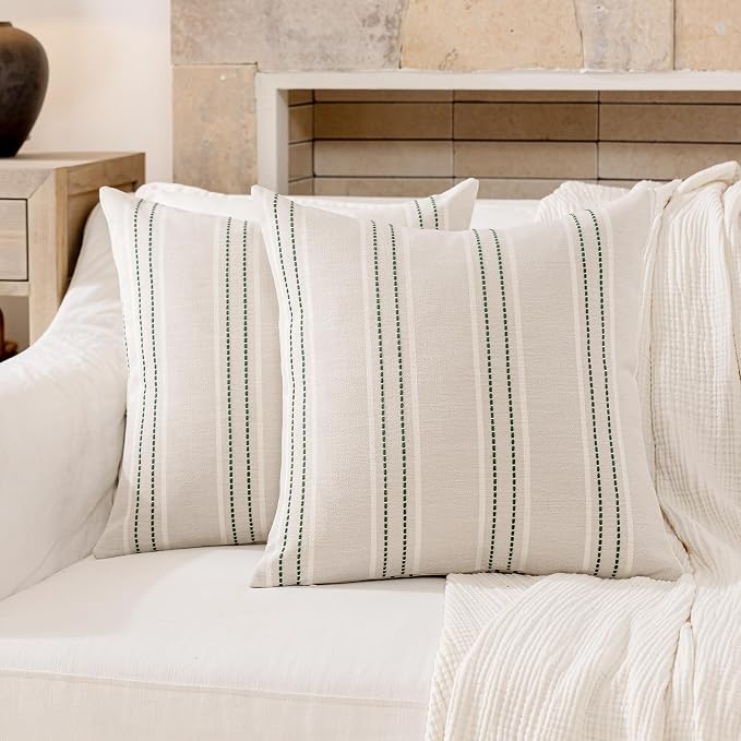 Hckot Spring Throw Pillow Covers 16x16 Set of 2 Green Pillow Covers | Farmhouse Decorative Pillows Textured Linen Square Cushion Covers for Sofa Couch Bed Living Room Decor(Dark Green)