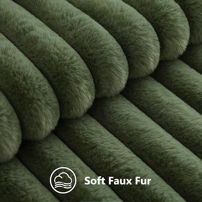 decorUhome Fall Faux Fur Throw Pillow Covers 16x16 Set of 2 Olive Green | Decorative Soft Cozy Striped Plush Modern Farmhouse Boho Couch Pillow Cases Velvet Back for Sofa Bed Living Room Home Decor