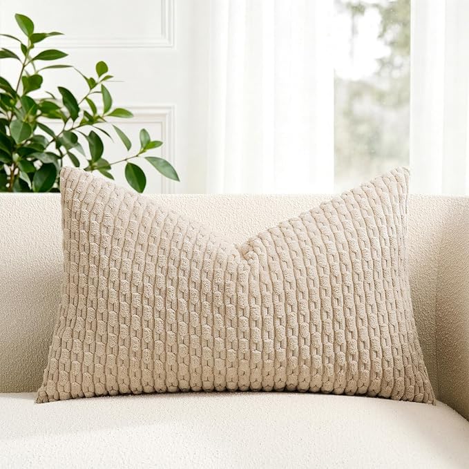 Kevin Textile Soft Corduroy 12"x20" Lumbar Pillow Cover 1 Pack, Beige | Boho Stripe Plush Corduroy Decorative Oblong Cushion Cover Modern Farmhouse Home Decor for Sofa Couch Bed Chair