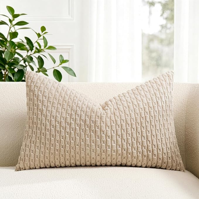 Kevin Textile Soft Corduroy 14"x22" Lumbar Pillow Cover 1 Pack, Beige | Boho Stripe Plush Corduroy Decorative Oblong Cushion Cover Modern Farmhouse Home Decor for Sofa Couch Bed Chair