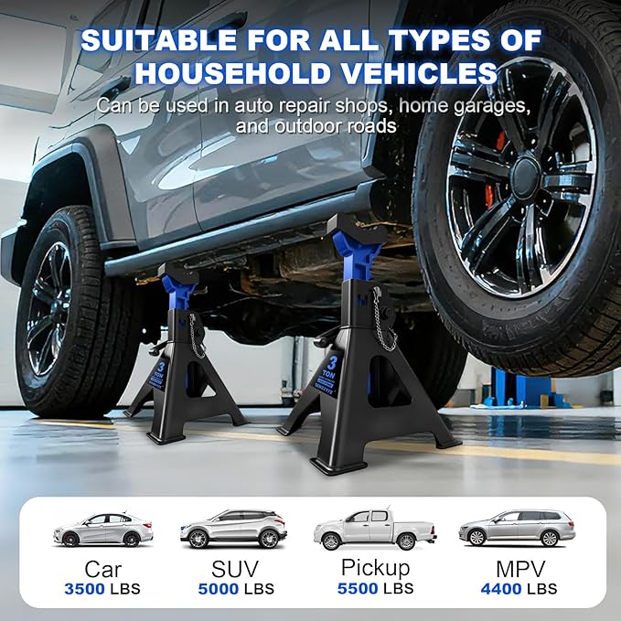 3 Ton (6,600 LBs) Jack Stands with Double Pin Locking,Rubber Cover and Large Foot Base,11"-17" Adjustable Height,Heavy Duty Car Jack Stands,Lifting SUV,MPV,Pickup Truck,ATV/UTV,1 Pair,Blue