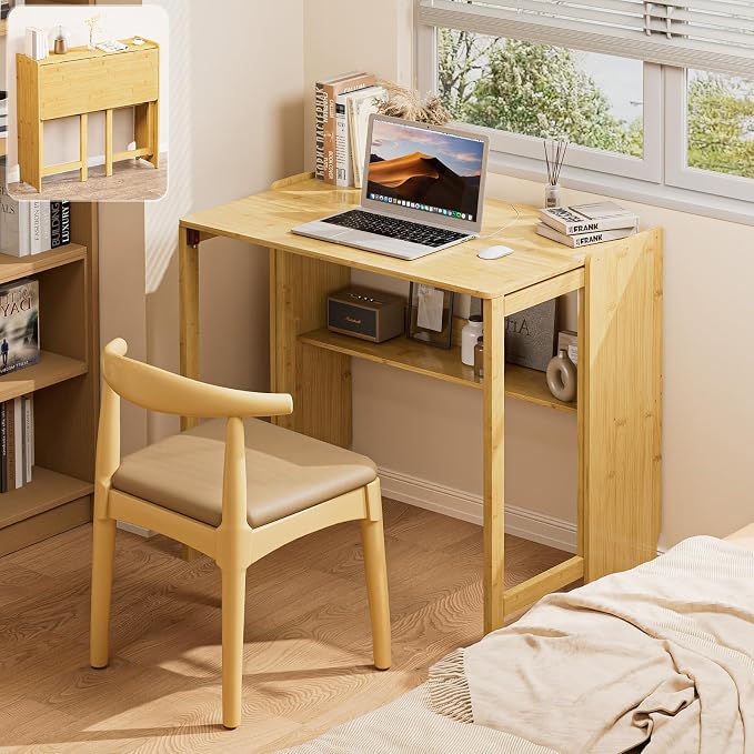 Bamboo Folding Desk for Small Spaces, Small Computer Foldable Desk, Natural | Space Saving Desk for Bedroom Home Office, Mid Century Sofa Table for Couch, Writing Work Office Desk