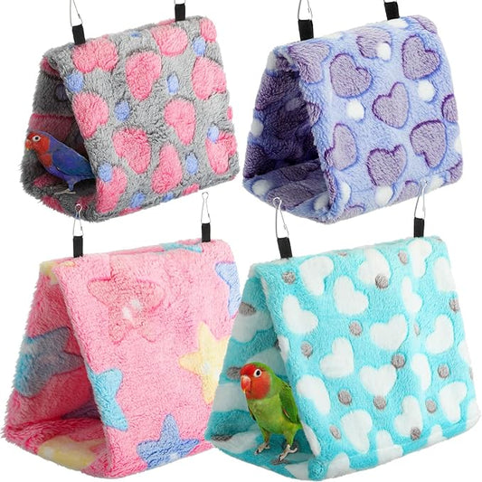 4 Pcs Winter Warm Bird Nest for Cage Plush Birds Hanging Snuggle Cave 6.7" and 9.5" House Shed Hut Parakeet Sleeping Bed Hammock Fluffy Birds Hideaway Tent for Small Parrot(Lovely,Heart)