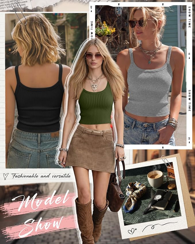 Ficerd 3 Pack Women's Tank Tops 95% Cotton Spaghetti Strap Ribbed Crop Camisole Slim Fitted Basic Summer Sleeveless Layer