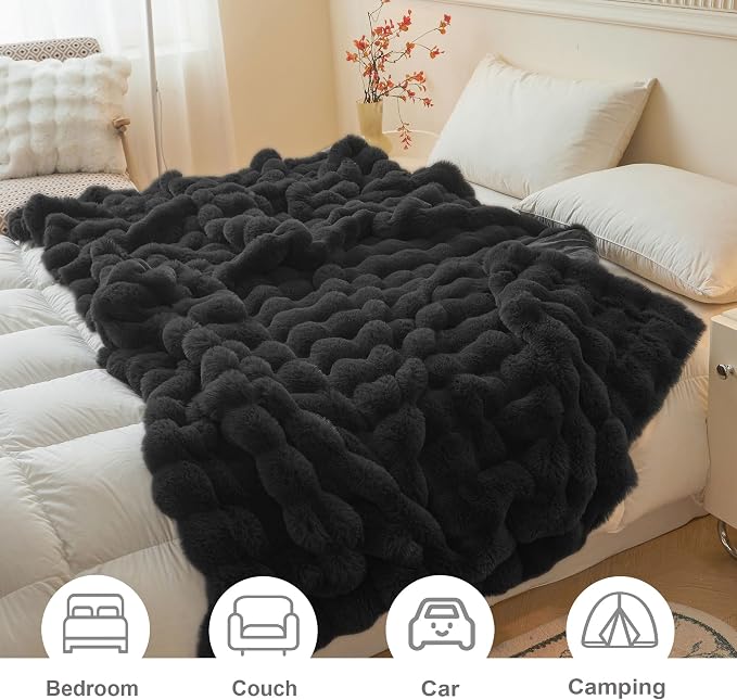 LIFEREVO Luxury Fluffy Faux Rabbit Fur Throw Blanket 60x80, Black | Plush Fuzzy Bubble Lap Throw for Couch Sofa Office, Soft Cozy Furry Bed Blanket Home Decoration, Washable & Skin-friendly