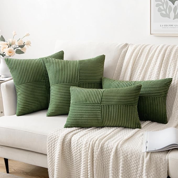MIULEE Moss Green Decorative Throw Pillow Covers for Couch 20x20 Inch | 2 Pack, Boho Farmhouse Pillow Covers, Soft Cross Corduroy Patchwork Textured Cushion Cases For Bed Sofa