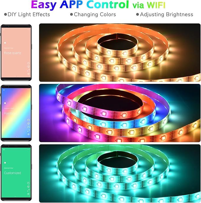 AW 6.6ft LED Strip Light Kit APP Control Music Sync Color Changing Wifi Smart 60 LEDs Ambient Lamp Compatible with Alexa & Google Assistant for Bedroom Gaming Room