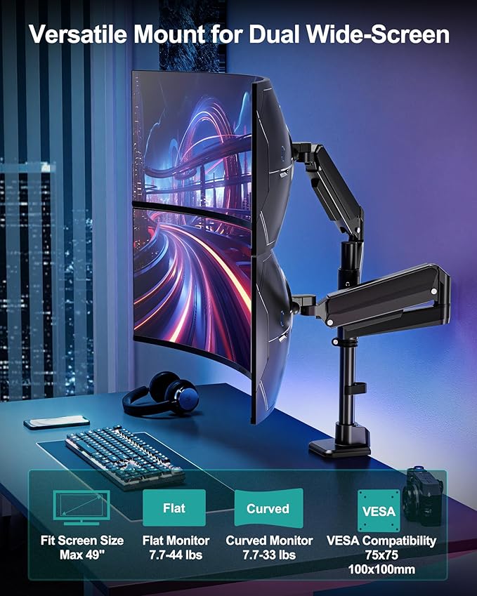 MOUNT PRO Dual Monitor Arm for Max 49" Ultrawide Screens up to 44 lbs, Heavy Duty Extra Tall Monitor Desk Mount, Vertical Stacked Adjustable Dual Monitor Mount, VESA Mount 75x75mm/100x100mm