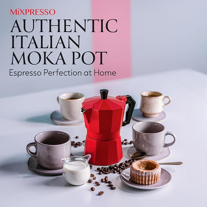 Mixpresso 3 Cup Moka Pot Stovetop Espresso Maker, Italian Cuban Coffee Pot | 5oz aluminum Italian coffee maker for gas and electric stovetops, small design for traditional coffee at home, Mug 4.4 Oz