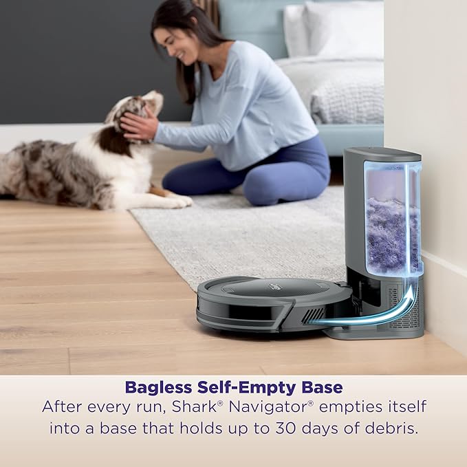 Shark Navigator Robot Vacuum and Self-Empty Base with Bagless 60-Day Capacity Self-Empty Base, SmartPath Navigation, Powerful Pet Hair Pickup, Anti-Hair Wrap, For Carpets & Hard Floors, Grey, RV2100AE