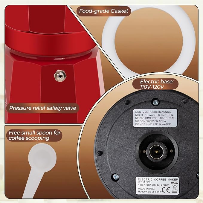 Electric Aluminum Moka Pot 3-6 Cup 150-270ml Espresso Maker | with Detachable Base Ideal Coffee Makers for Home MochaPot Italian and Cuban Café Coffeemaker Espressomaker CoffeePot Red