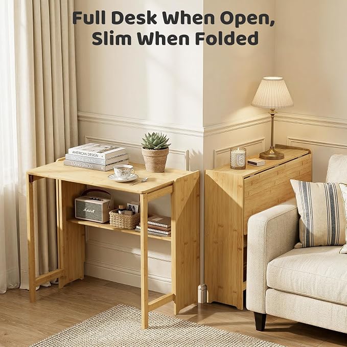 Bamboo Folding Desk for Small Spaces, Small Computer Foldable Desk, Natural | Space Saving Desk for Bedroom Home Office, Mid Century Sofa Table for Couch, Writing Work Office Desk