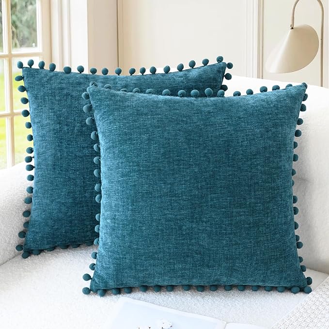 CaliTime Decorative Couch Throw Pillow Covers 16 X 16 Inches Ocean Blue | Pack of 2, Cozy Chenille Cushion Cases, with Pom Poms for Sofa Bed Living Room Farmhouse Home