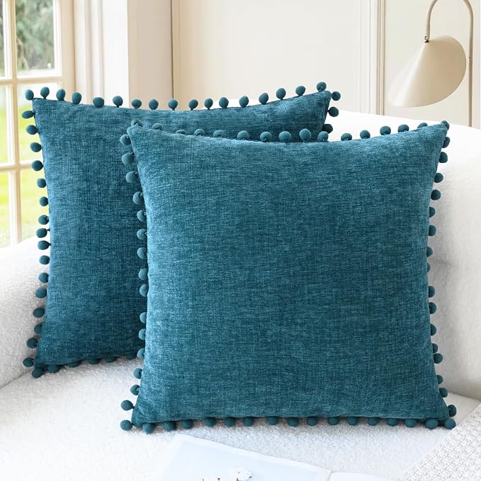 CaliTime Decorative Couch Throw Pillow Covers 18 X 18 Inches Ocean Blue | Pack of 2, Cozy Chenille Cushion Cases, with Pom Poms for Sofa Bed Living Room Farmhouse Home