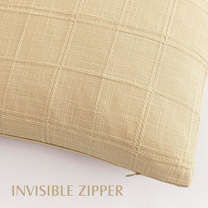 Foindtower Set of 2 Decorative Linen Check Throw Pillow Covers Neutral Farmhouse Lumbar Cushion Covers Modern Boho Accent Home Decor for Sofa Chair Couch Bedroom Living Room,12×20 Inch,Light Yellow