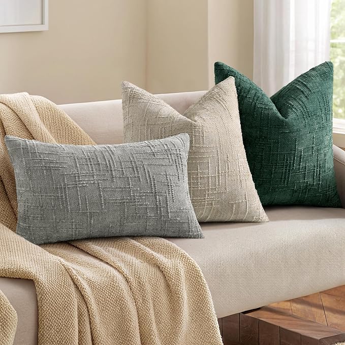 decorUhome Textured Chenille Throw Pillow Covers 16x16 Set of 2 Green | Fall Modern Farmhouse Soft Cozy Slubby Couch Pillow Cases Boho Decorative Pillow Cases for Bed Sofa Living Room Home Decor
