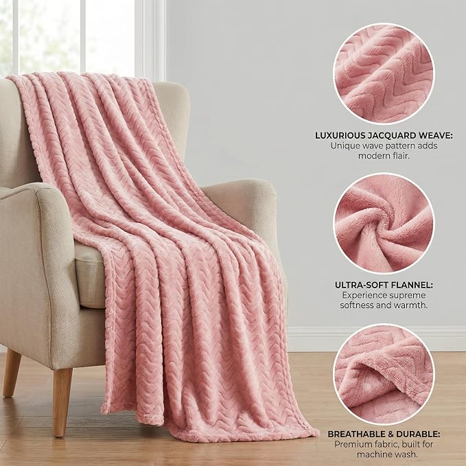 Exclusivo Mezcla Soft Fleece Blanket Twin Size for Bed, Sofa, Pink | 90"x66" Breathable Lightweight Flannel Blanket for Summer, Plush Cozy Jacquard Wave for Home Decor