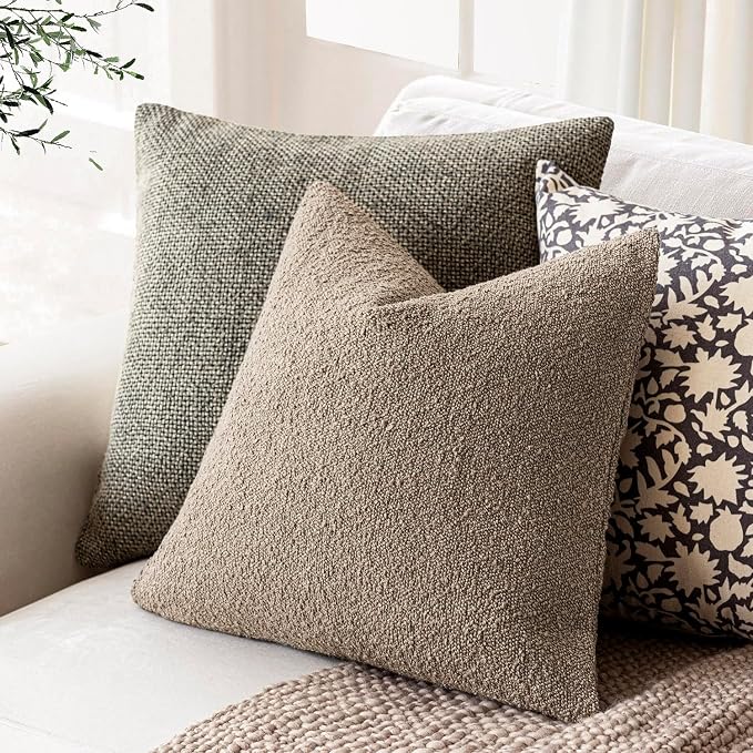 Foindtower Pack of 2 Textured Boucle Throw Pillow Covers Neutral Accent Solid Decorative Pillow Cases Cozy Woven Couch Cushion Case for Sofa Bedroom Living Room Home Decor 20x20 Inch Light Khaki Tan