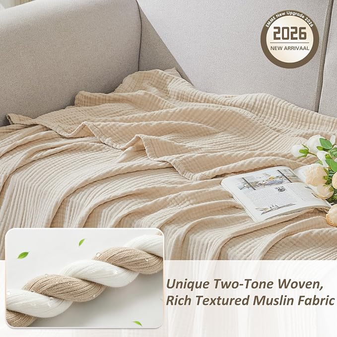 EMME Cotton Muslin King Blanket Breathable Gauze Soft Lightweight Blankets Adults Gifts for Women (Heather Beige, 108"x90")