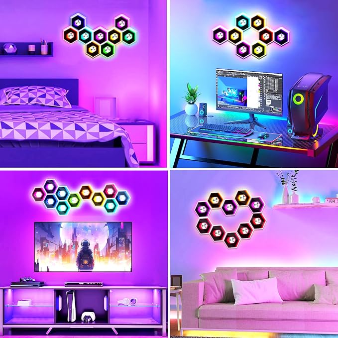 6 Pack Hexagon Lights Wall Panel | Hexagonal Led Lights Room Decor Wall Lights Smart APP Music Sync Honeycomb Shape Panels Hexagon Gaming Lights Bedroom Decor