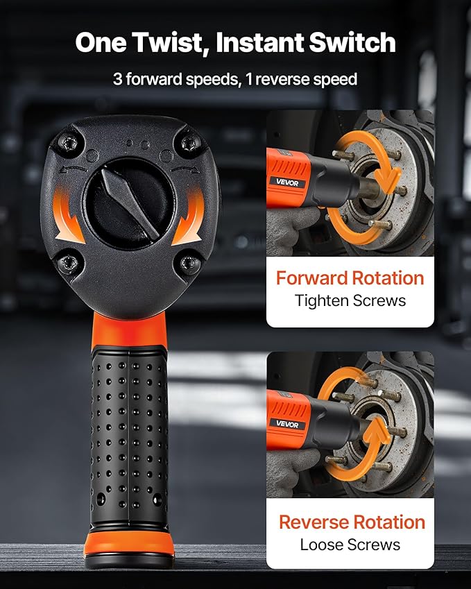 VEVOR Air Impact Wrench, 1/2" Drive Pneumatic Impact Wrench Up to 1100 ft-lbs Reverse Torque, 7500RPM 4-Speed Adjustable & Lightweight Pneumatic Gun for Auto Repairs and Maintenance