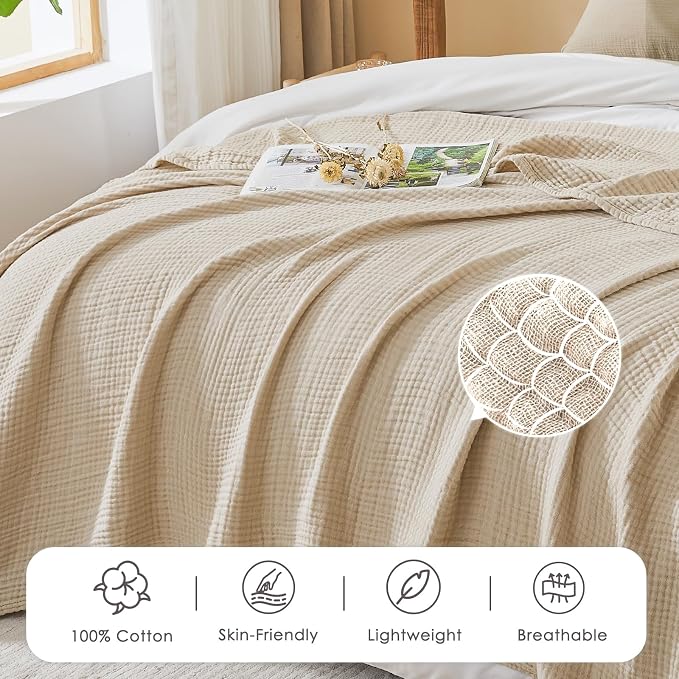 EMME Cotton Muslin Throw Blanket Couch Breathable Gauze Soft Lightweight Bed Blankets Adults (Heather Beige, 50"x60")