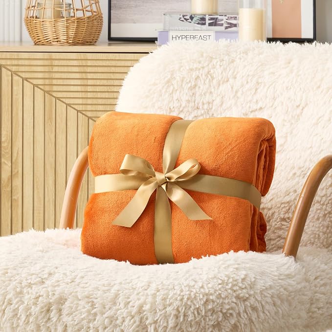 Hansleep King Orange Fleece Blanket, Soft Flannel Bed Blanket | Fuzzy Cozy Blanket 90x108 Inches, Multi-use for Bed, Sofa, Couch, Travel, Camping, All Season Warm Lightweight Cover