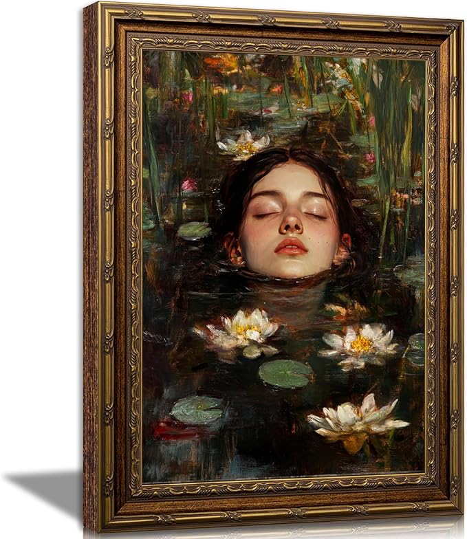 Vintage Gold Framed Gothic Wall Art, Ophelia Inspired Woman Portrait Print | Dark Academia Romantic Victorian Oil Painting Canvas Print Picture Wall Decor for Living Room Bedroom Office, 8x10 Inch