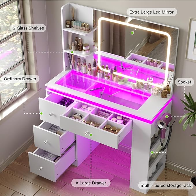 White Vanity Desk with Illuminated Mirror & Power Outlet, Bedroom Dresser LED Mirror Stepless Dimmable & 3 Color Modes Adjustable RGB Drawers, for Women Girls Bedroom（Pure White